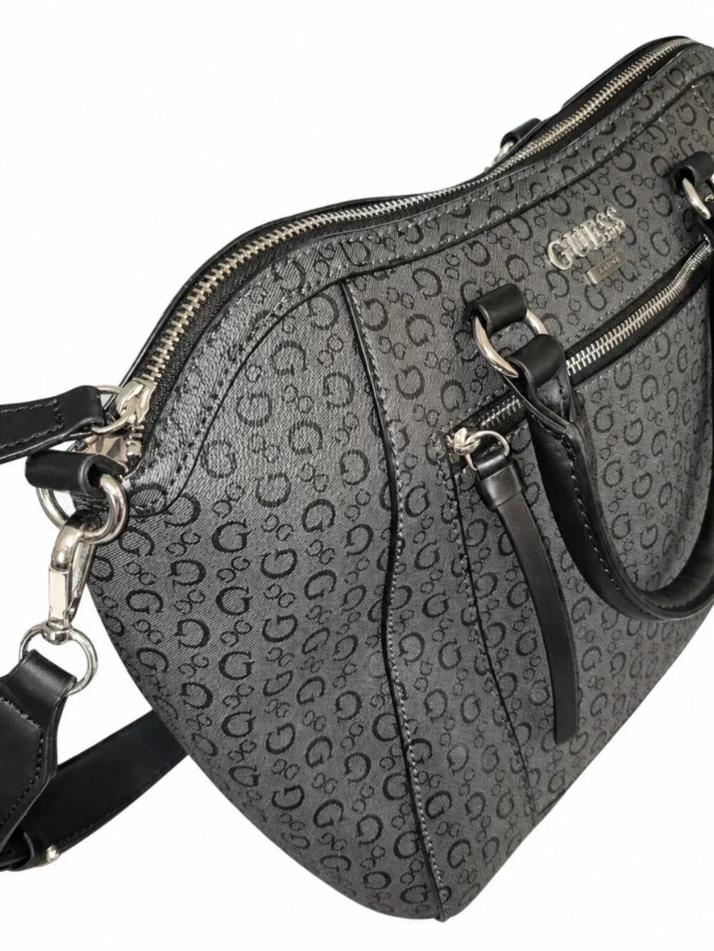 GUESS Satchel Shoulder Bag Gray Black Logo Print Dome Purse